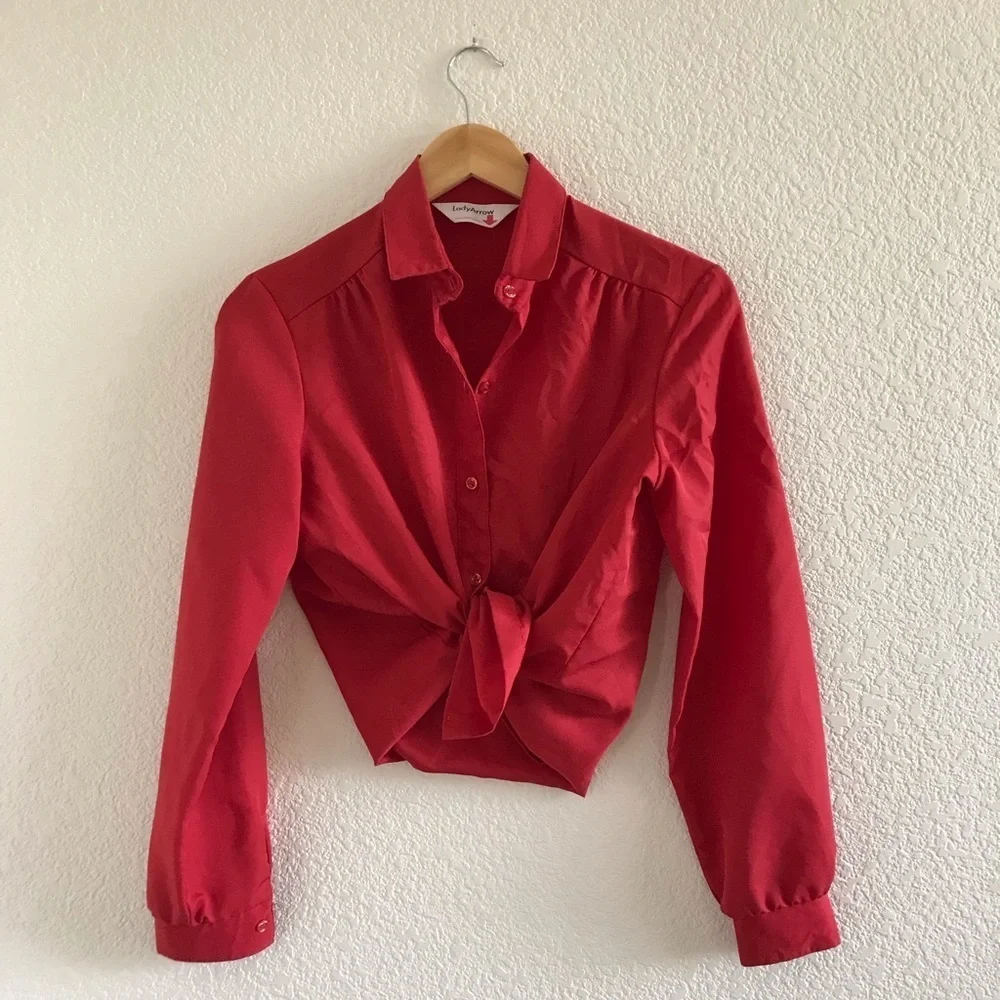 Vintage | Red polyester long sleeve button up blouse size medium - Picture 1 of 6